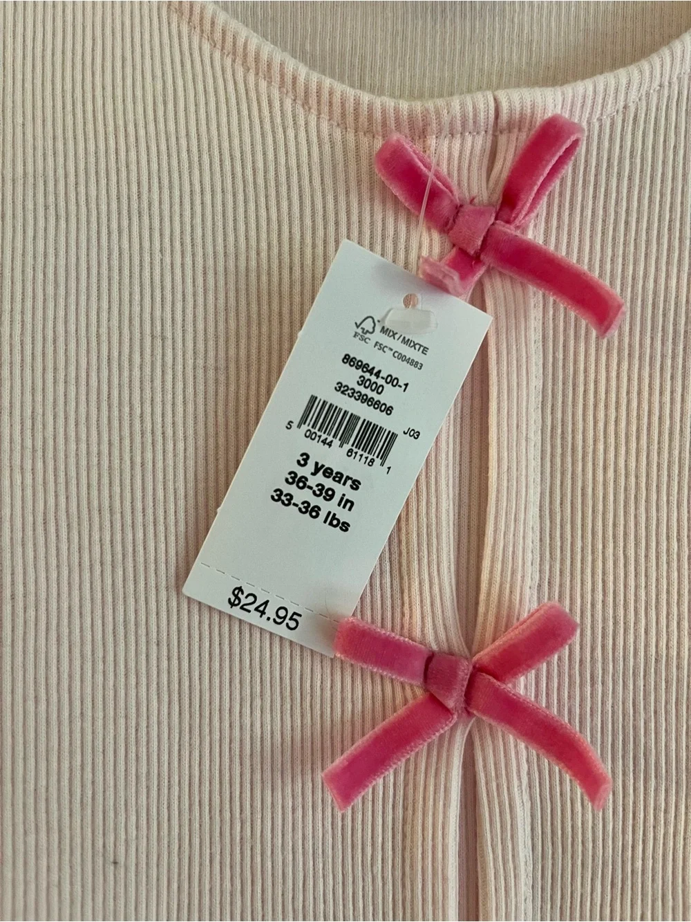 GAP Light Pink Long-Sleeve Top with Bright Pink Bows